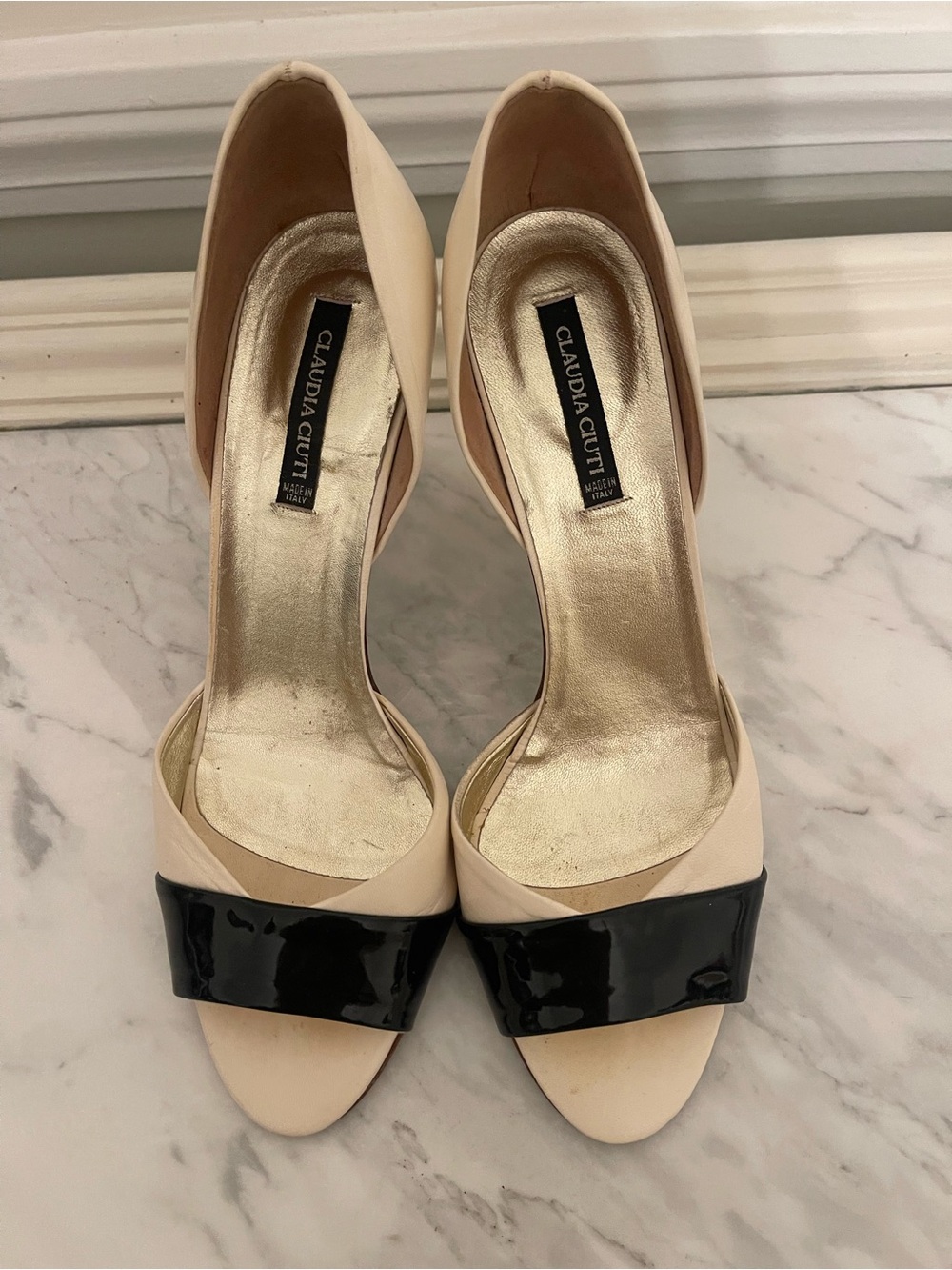 Claudia Ciuti Cream and Black Open-Toe Dress Heels